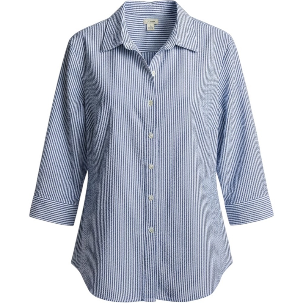 LL Bean Striped Seersucker Button Down Shirt Size L Coastal New England Preppy